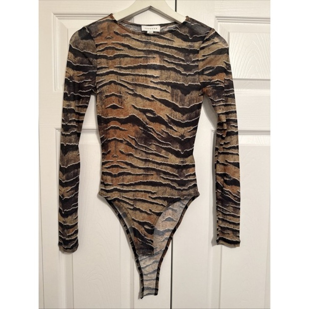 Topshop Bodysuit Sheer Mesh Long Sleeve Tiger Print Size 4 Event Mob Wife NWT